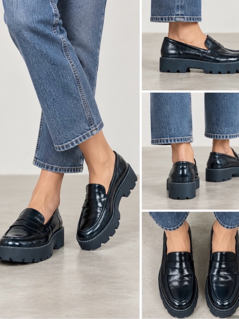 Franco Sarto Balin Black Crinkle Faux Patent Lug Sole Penny Loafers - Size 9 M